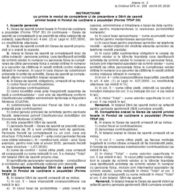 Darea de seamă privind taxele în Fondul de susținere a populației, aprobată