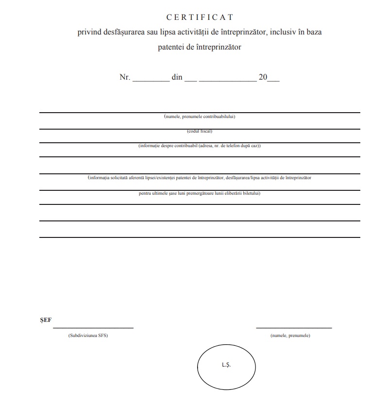Certificatul privind desfășurarea sau lipsa activității de întreprinzător, inclusiv în baza patentei de întreprinzător
