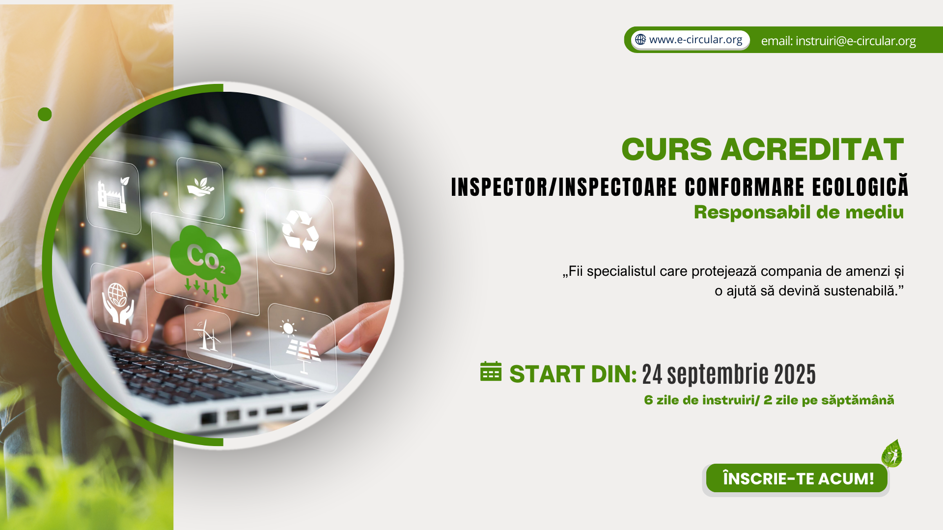 Curs formare “Inspector/Inspectoare conformare ecologică” conform prevederilor Legii nr.227/2022 privind emisiile industriale