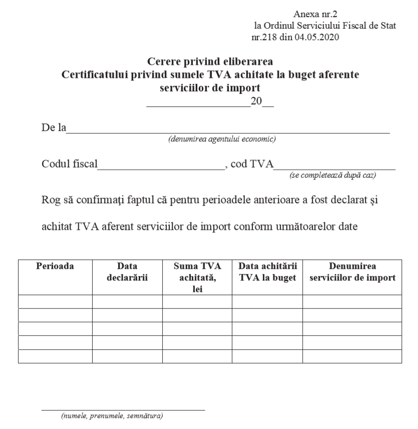 Certificatul privind sumele TVA achitate la buget aferente serviciilor de import
