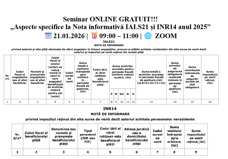 Seminar online gratuit! ,,Aspecte specifice la Nota informativă IALS21 și INR14 anul 2025”