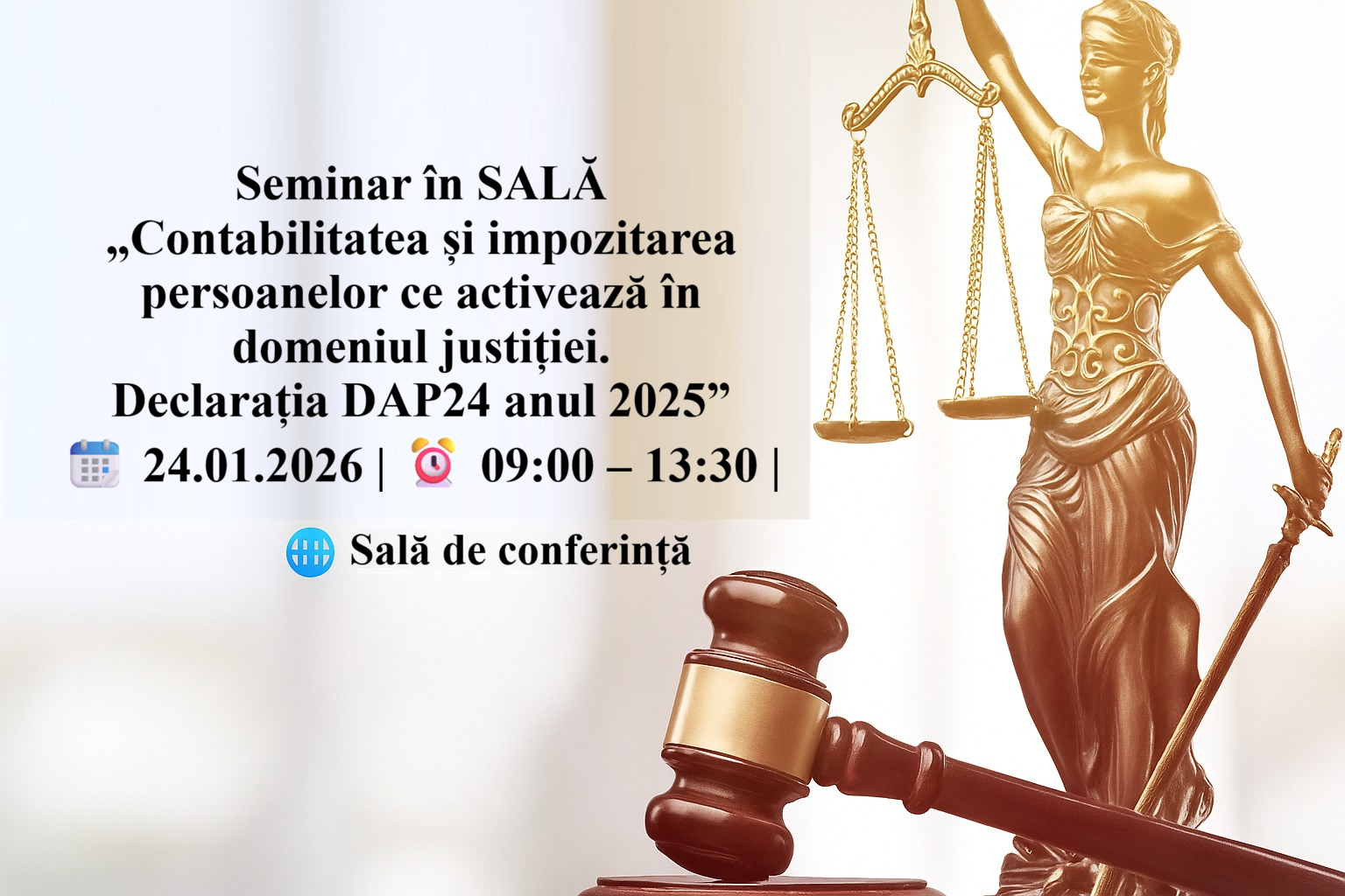 Seminar în SALĂ „Contabilitatea și impozitarea persoanelor ce activează în domeniul justiției. Declarația DAP24 anul 2025”