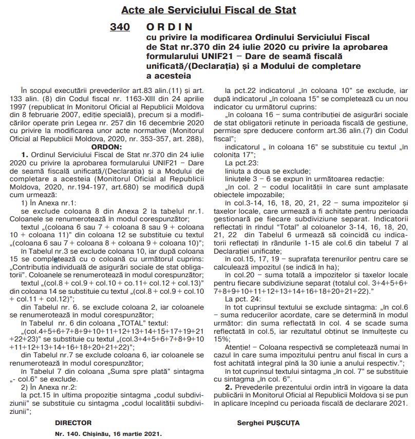 UNIF21 - Darea de seamă fiscală unificată și Modul de completare a acesteia au fost actualizate